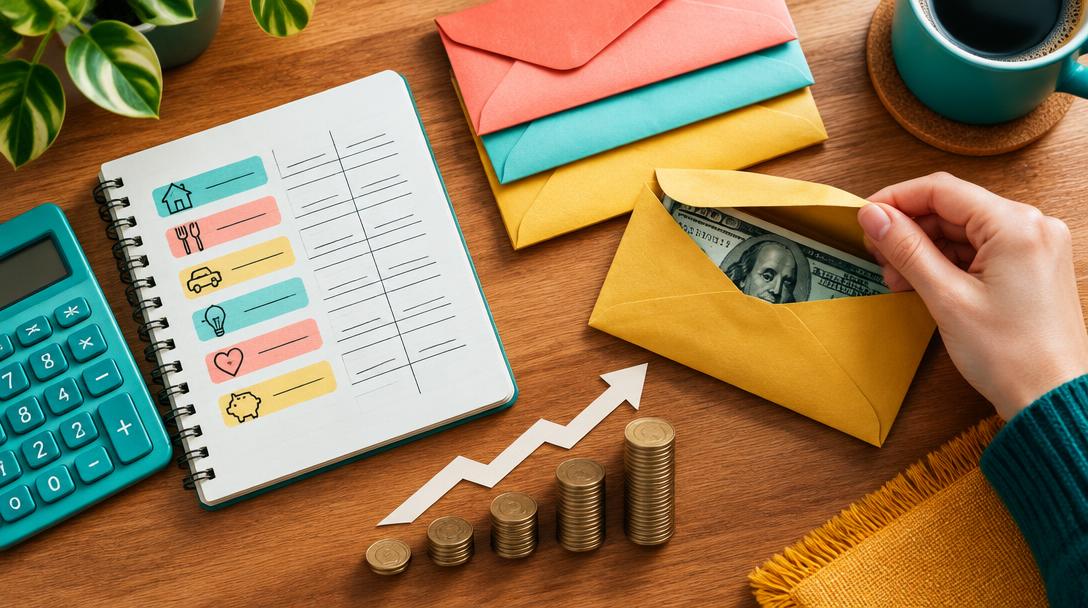A cash-envelope budget beside a notebook, calculator and savings chart