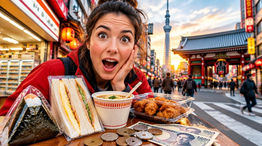 A travel creator with budget food on a busy Tokyo street