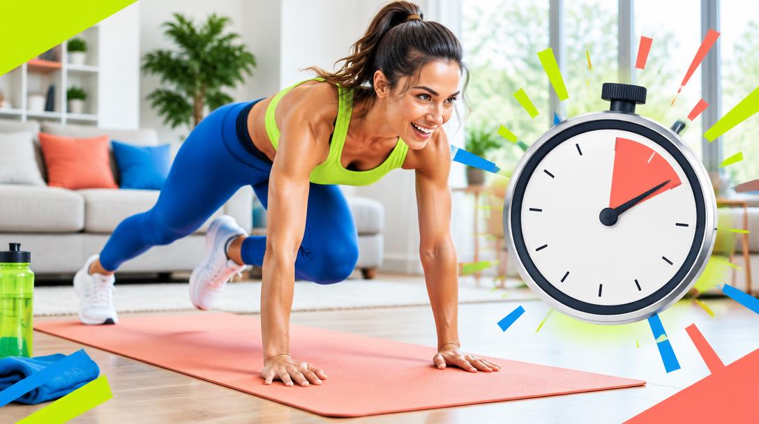 A creator doing a fast home workout beside a large stopwatch