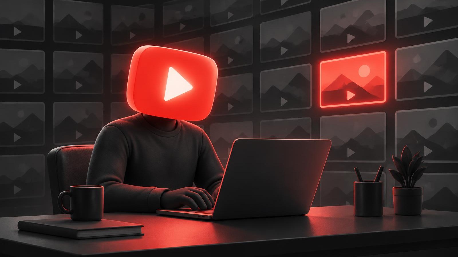 Faceless YouTube creator silhouette with a play-button head in front of a grid of video thumbnails