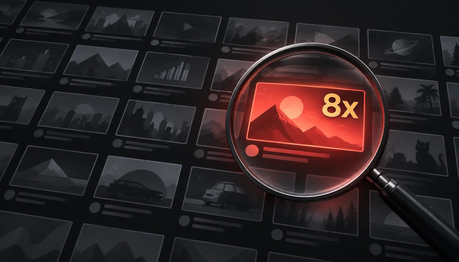 Magnifying glass revealing a breakout outlier video in a grid of YouTube thumbnails